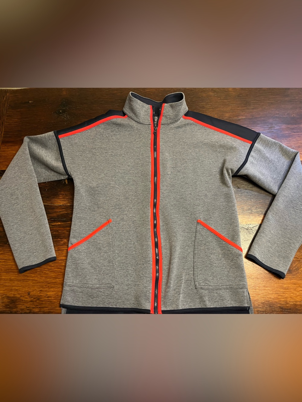 Ladies Size Medium Champion Grey Zip-Up Jacket with Neon Orange Red Trim